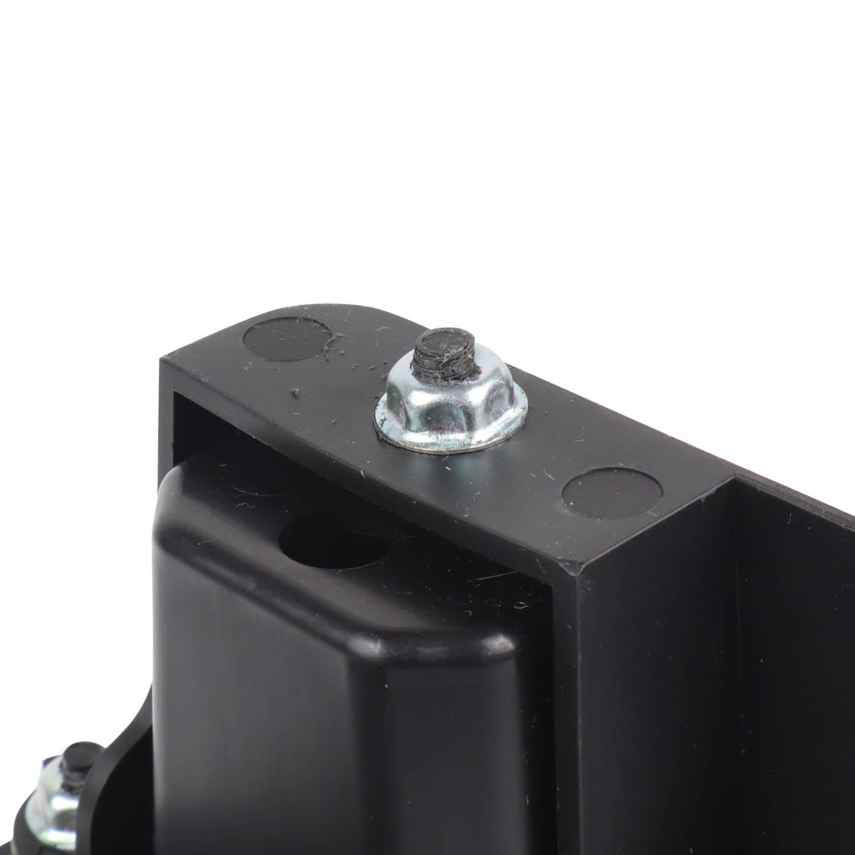 Black cup holder mounting block with metal stud and curved support edges