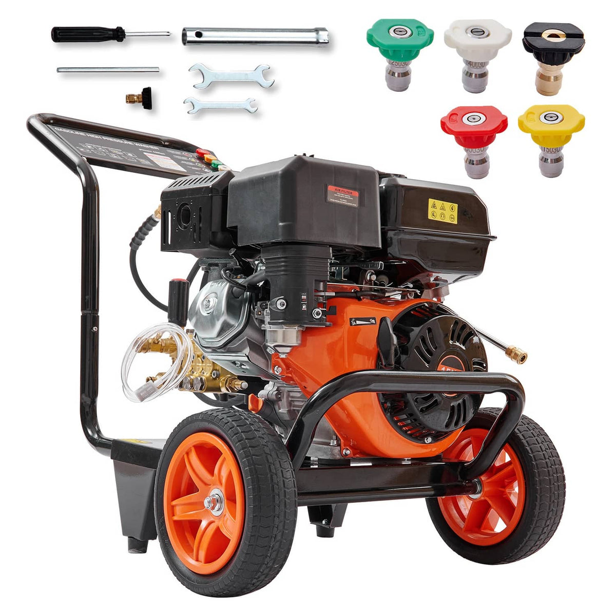 Gas pressure washer with orange wheels and accessory nozzle tips shown