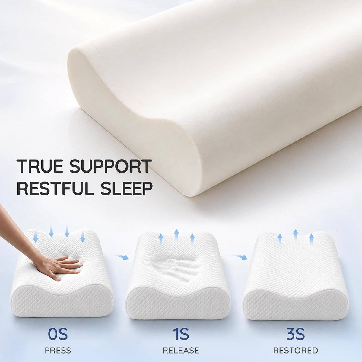 White contour memory foam neck pillow with stepped firmness and rounded top