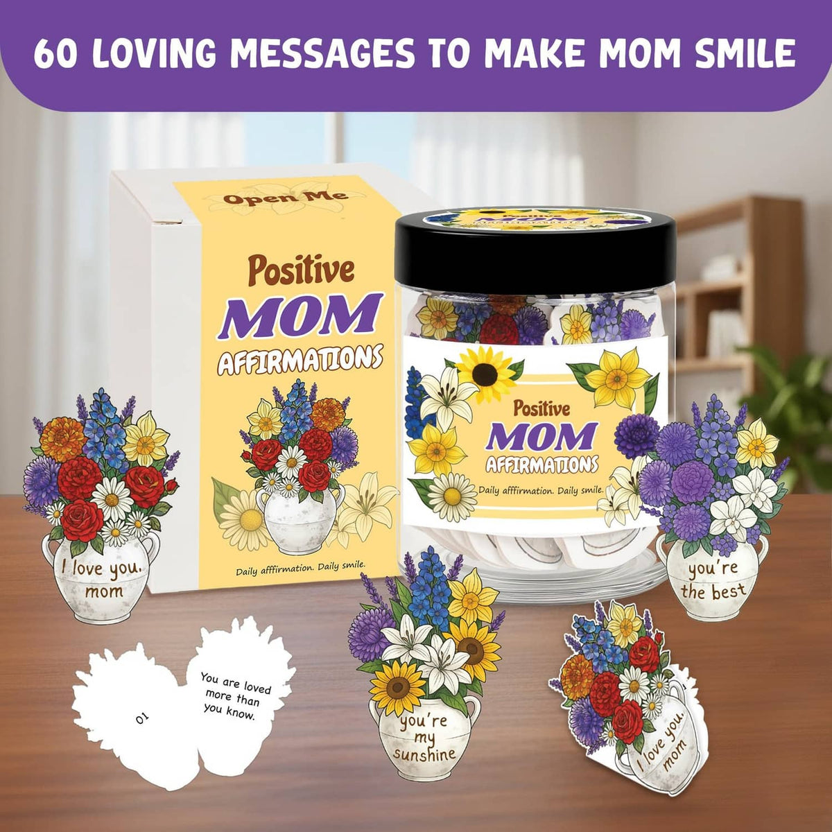 Floral mom affirmation jar with gift box and round heart message notes laid out