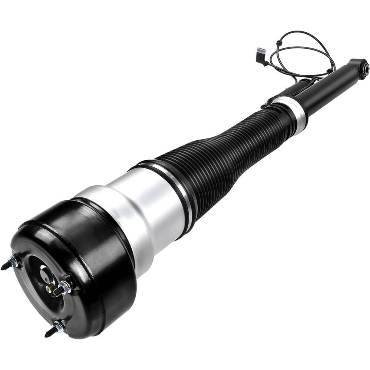 Rear left air suspension strut with ribbed black air spring and silver shock housing