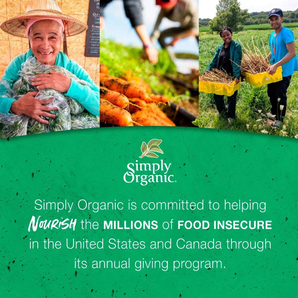 Simply Organic spicy chili seasoning mix marketing graphic with giving program message