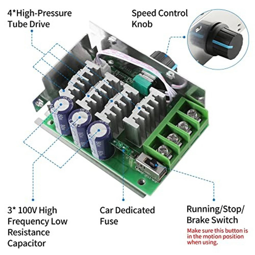 DC motor PWM speed controller circuit board with green terminal blocks and speed control knob