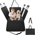 Black quilted dog car back seat cover with straps, top handle, and central panel