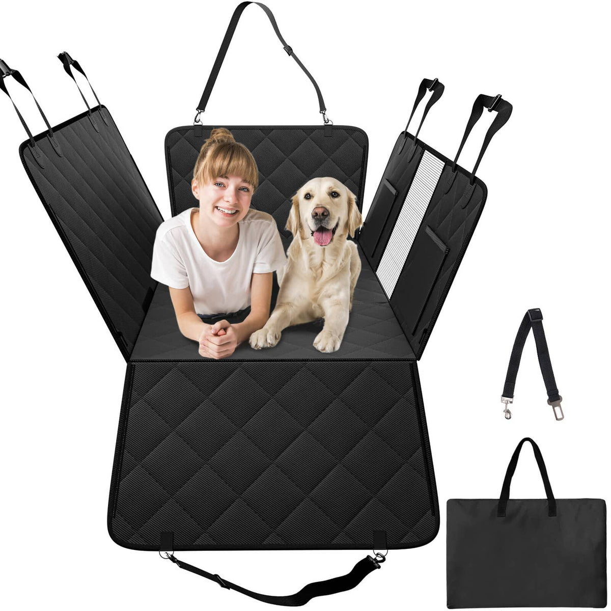 Black quilted dog car back seat cover with straps, top handle, and central panel