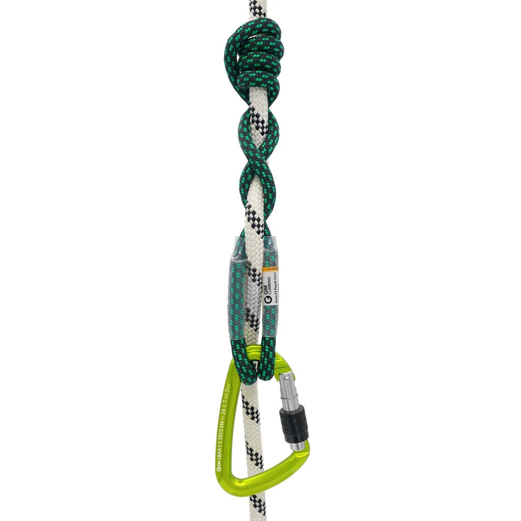 Green prusik loop with sewn eyes and attached carabiner-style connector
