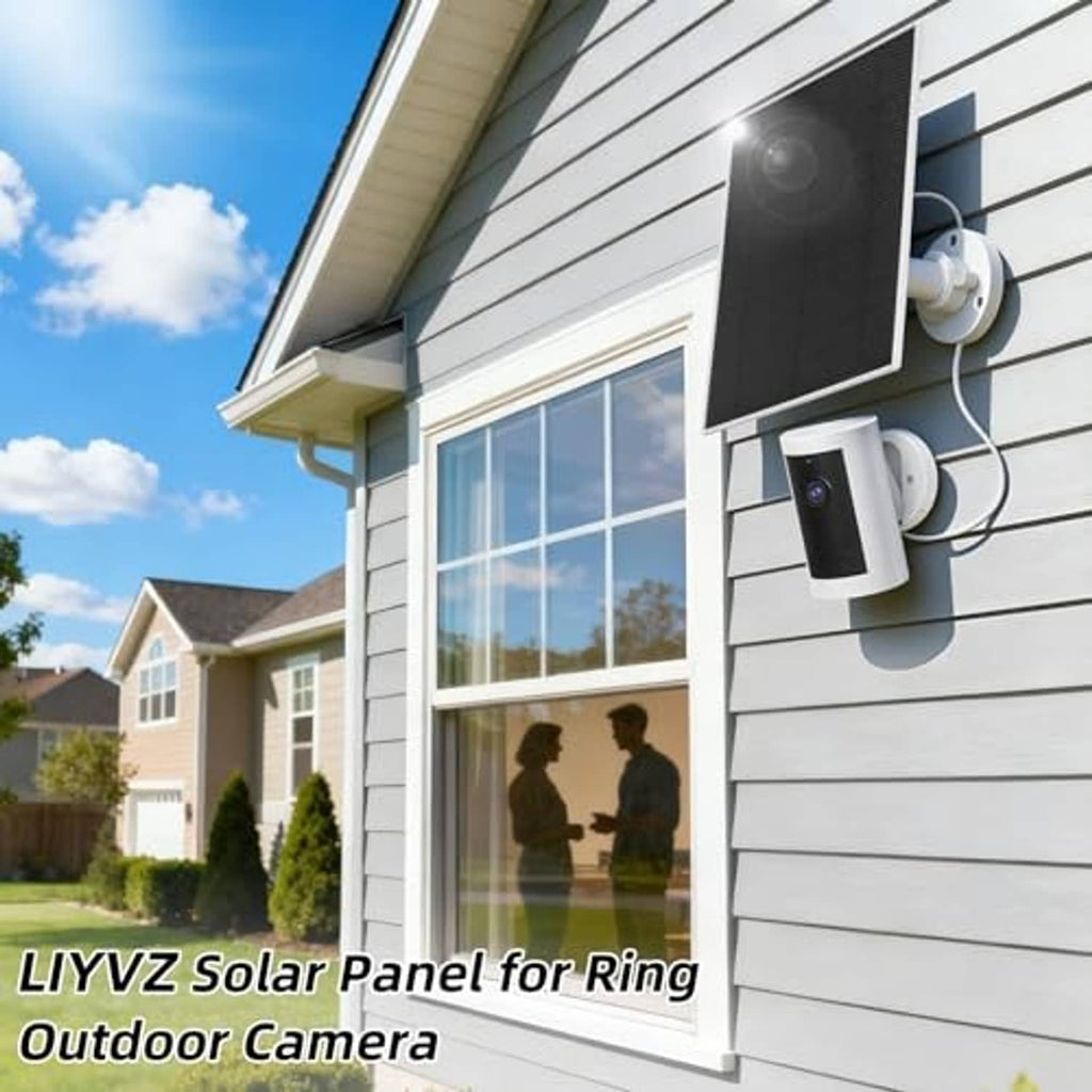 Outdoor solar panel with Ring-style security camera mounted on house siding