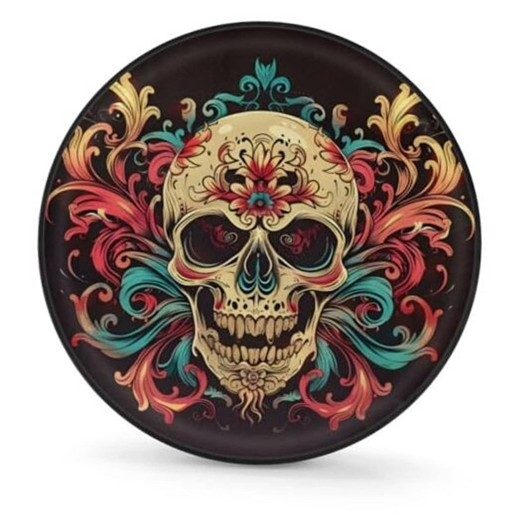 17-inch spare tire cover with colorful skull and swirling floral pattern on black