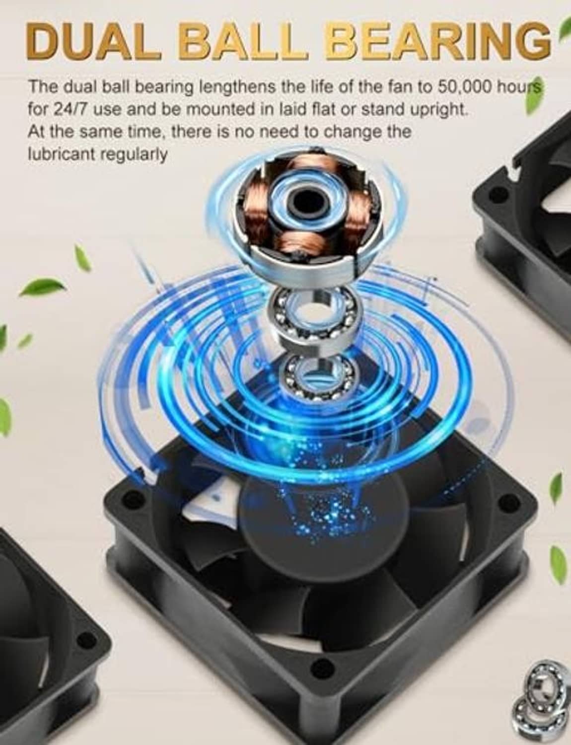 Dual ball bearing fan hub detail inside a small DC cooling fan, black frame