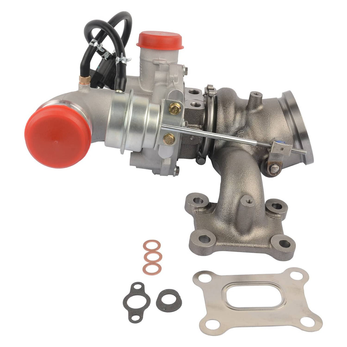 Turbocharger assembly with red caps, black hoses, and included gasket set