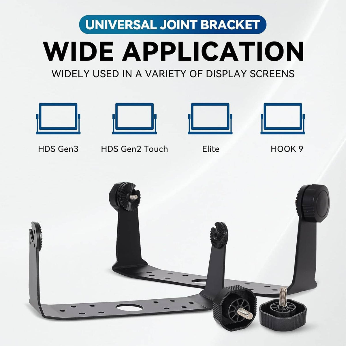 Universal joint gimbal bracket with adjustable knob mounts and screw hardware