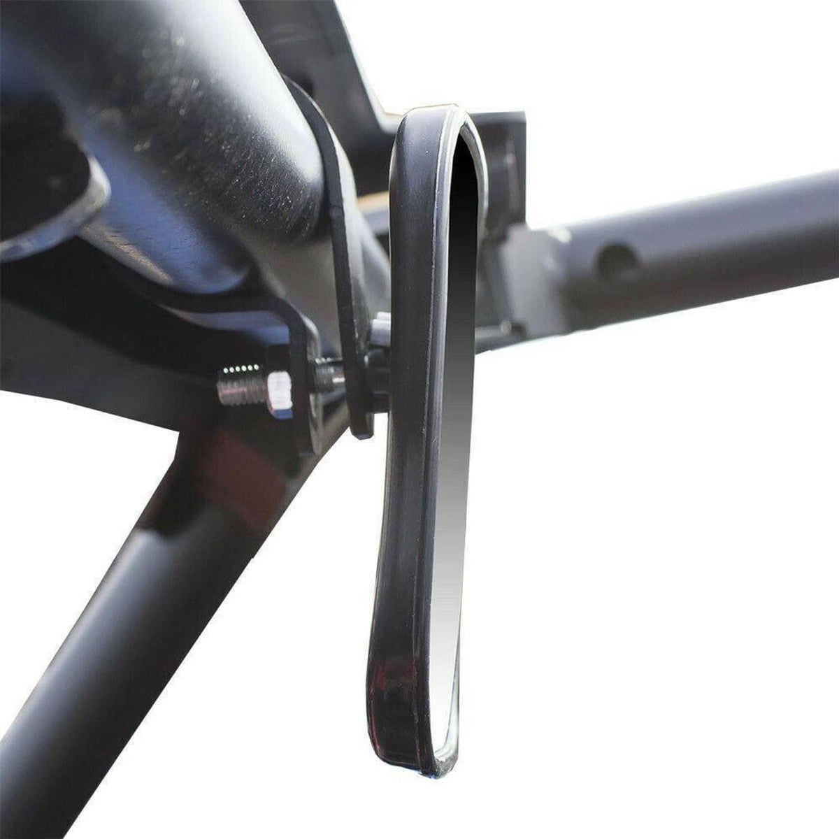 Black UTV mirror mount on roll-bar tube with clamp and protective housing
