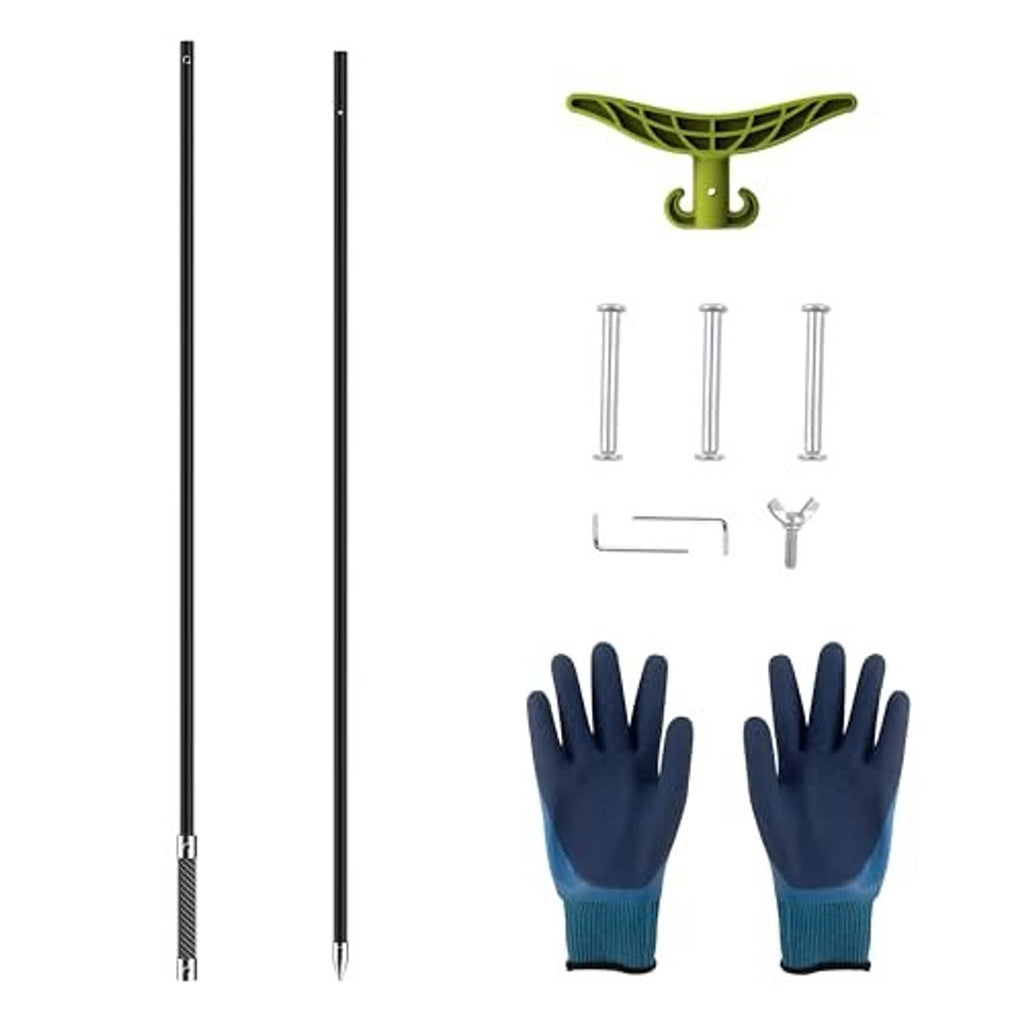 Anchor pole kit with two black rods, green T-handle, connectors, and blue gloves