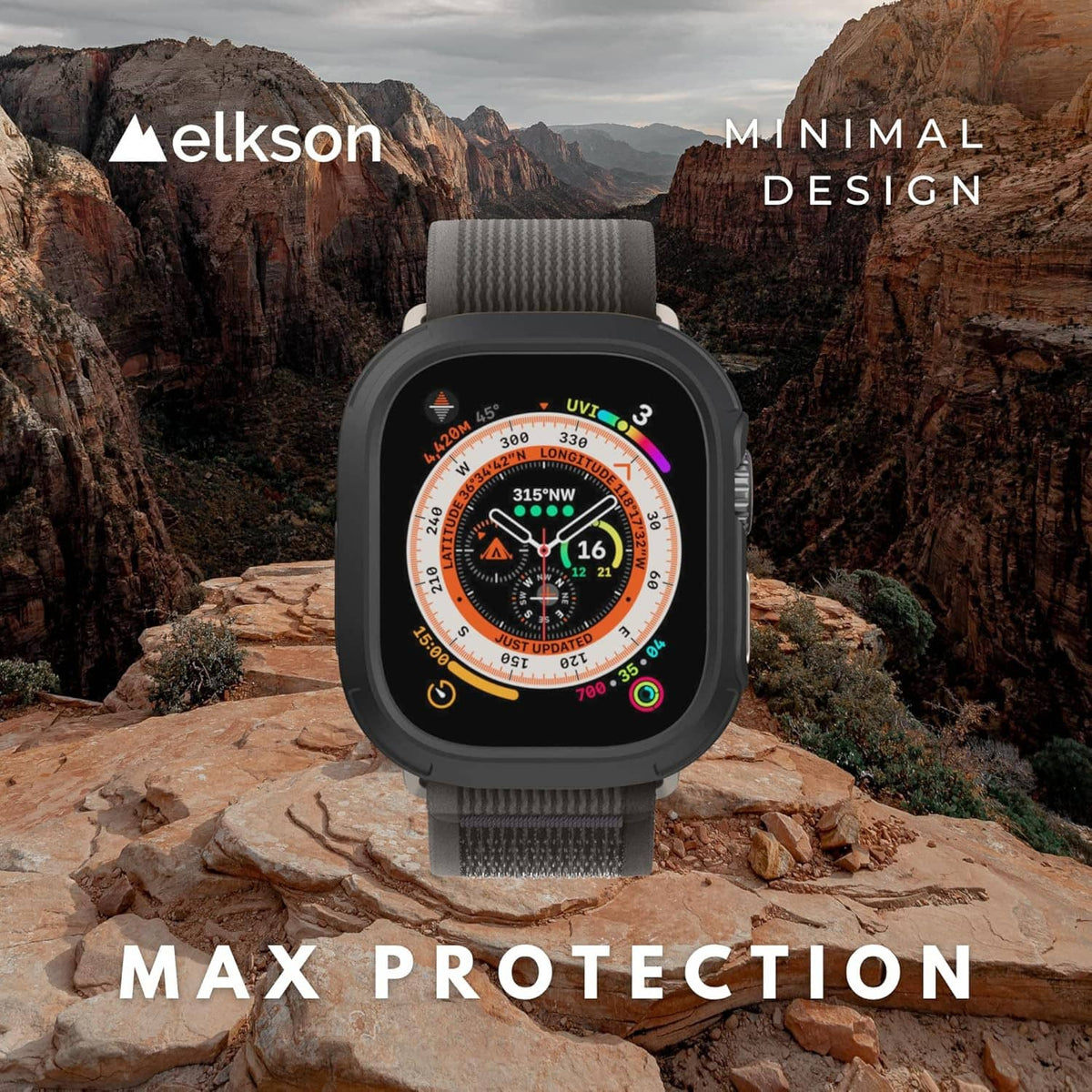 Dark gray bumper case with tempered glass, on gray fabric strap
