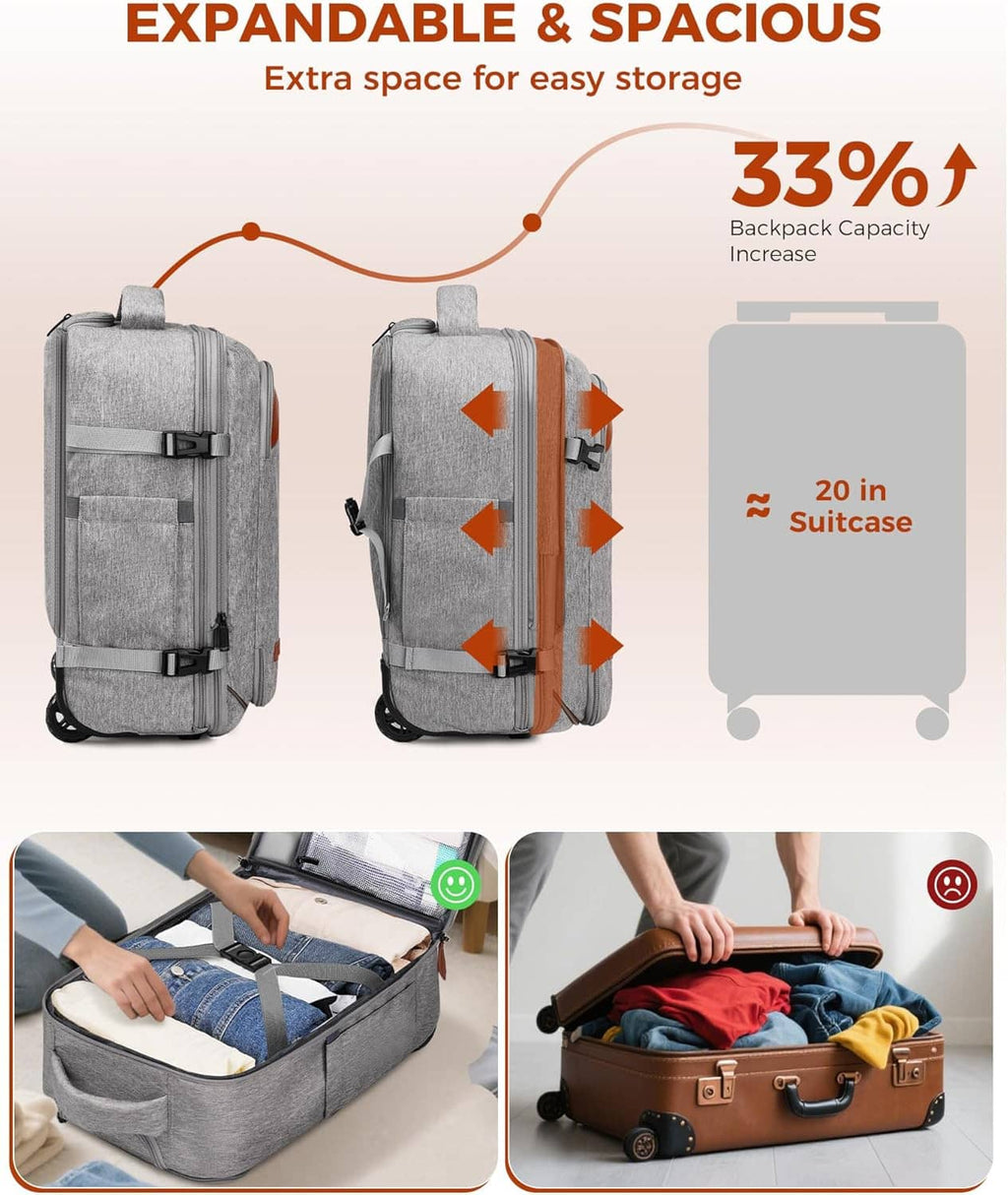 Gray expandable wheeled travel backpack with extra space and fold-out expansion panel