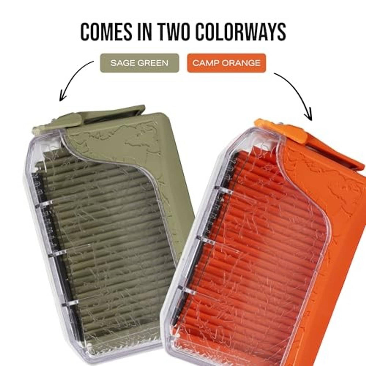 Two-color compact tackle storage box set: sage green and camp orange with clear hinged lids.