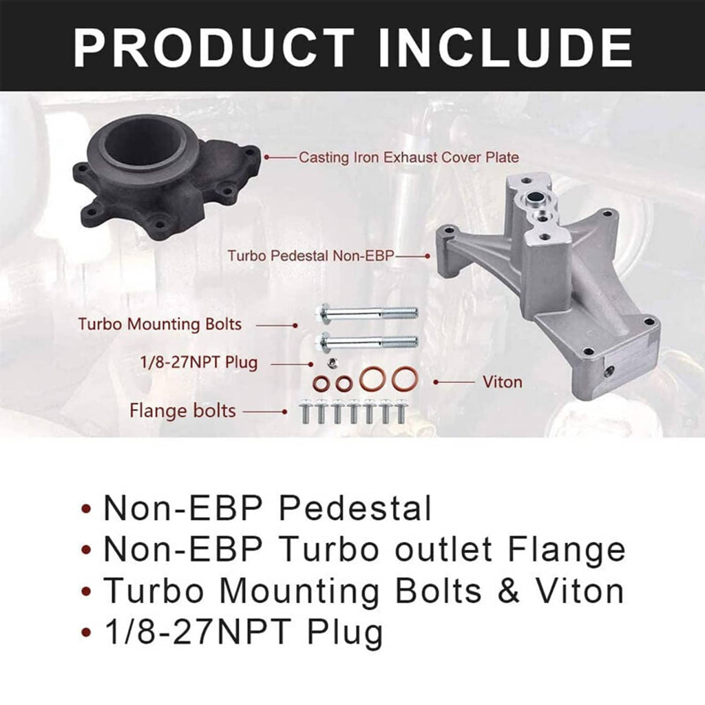 Kit contents diagram for non-EBP turbo pedestal, outlet flange, and mounting hardware