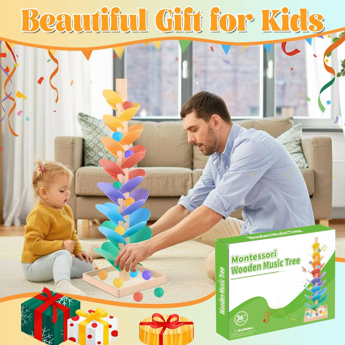 Montessori wooden music tree toy gift box with rainbow leaf design and ball base