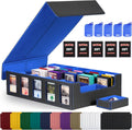Blue trading card storage box with commander display, 5 rows, hinged lid, card window slots