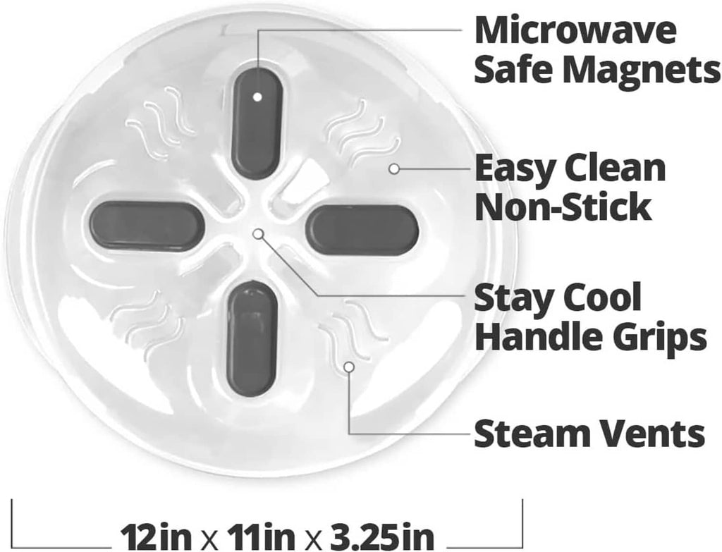 Microwave splatter cover with dark magnet grips, steam vents, and easy-clean design