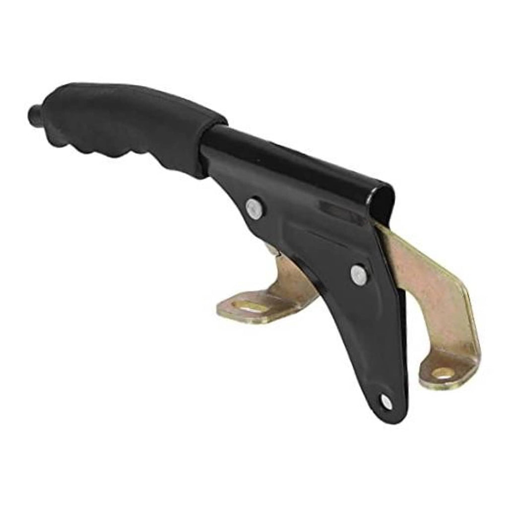 Parking brake lever with black rubber anti-slip grip and metal brackets