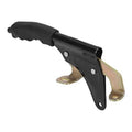 Parking brake lever with black rubber anti-slip grip and metal brackets