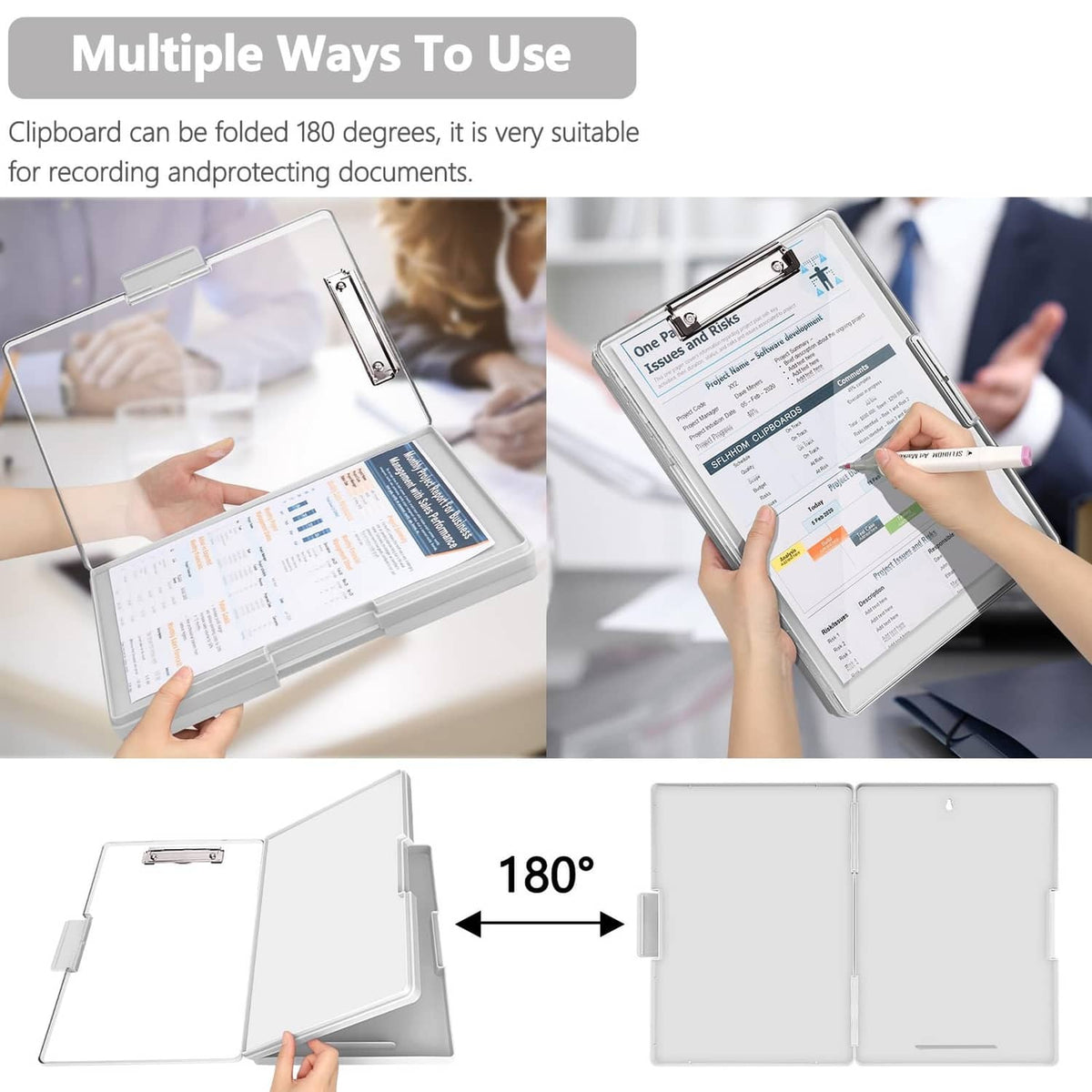 Foldable clipboard with storage shown in two positions at 180°