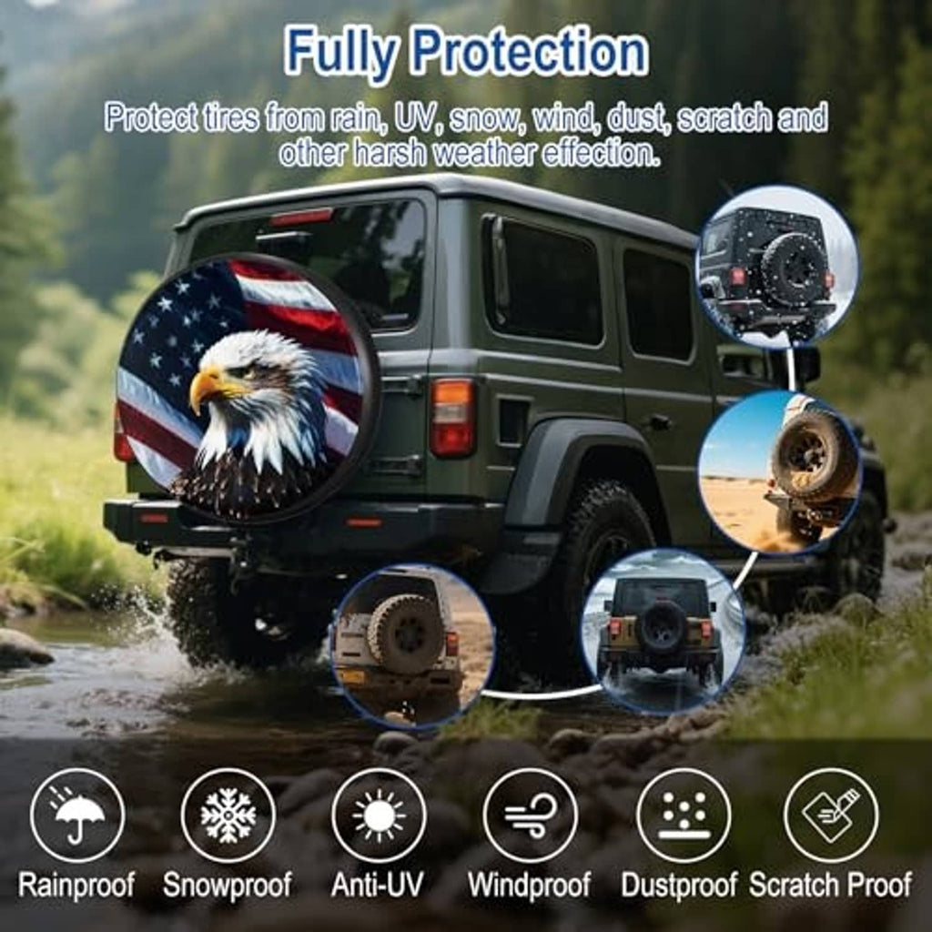 Spare tire cover on RV spare wheel with bald eagle and US flag graphics