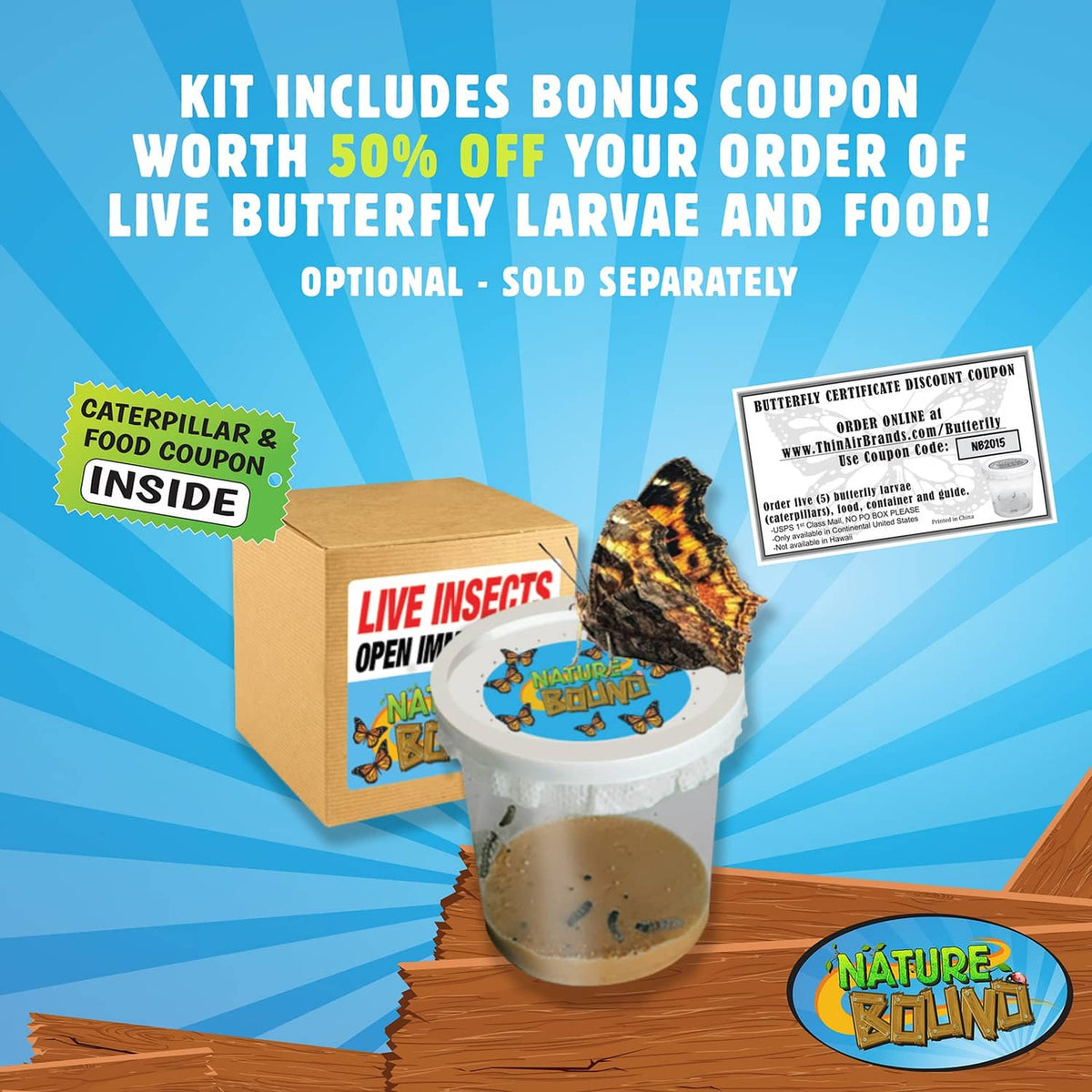 Butterfly kit with bonus coupon card and small green-collapsible live insect habitat.