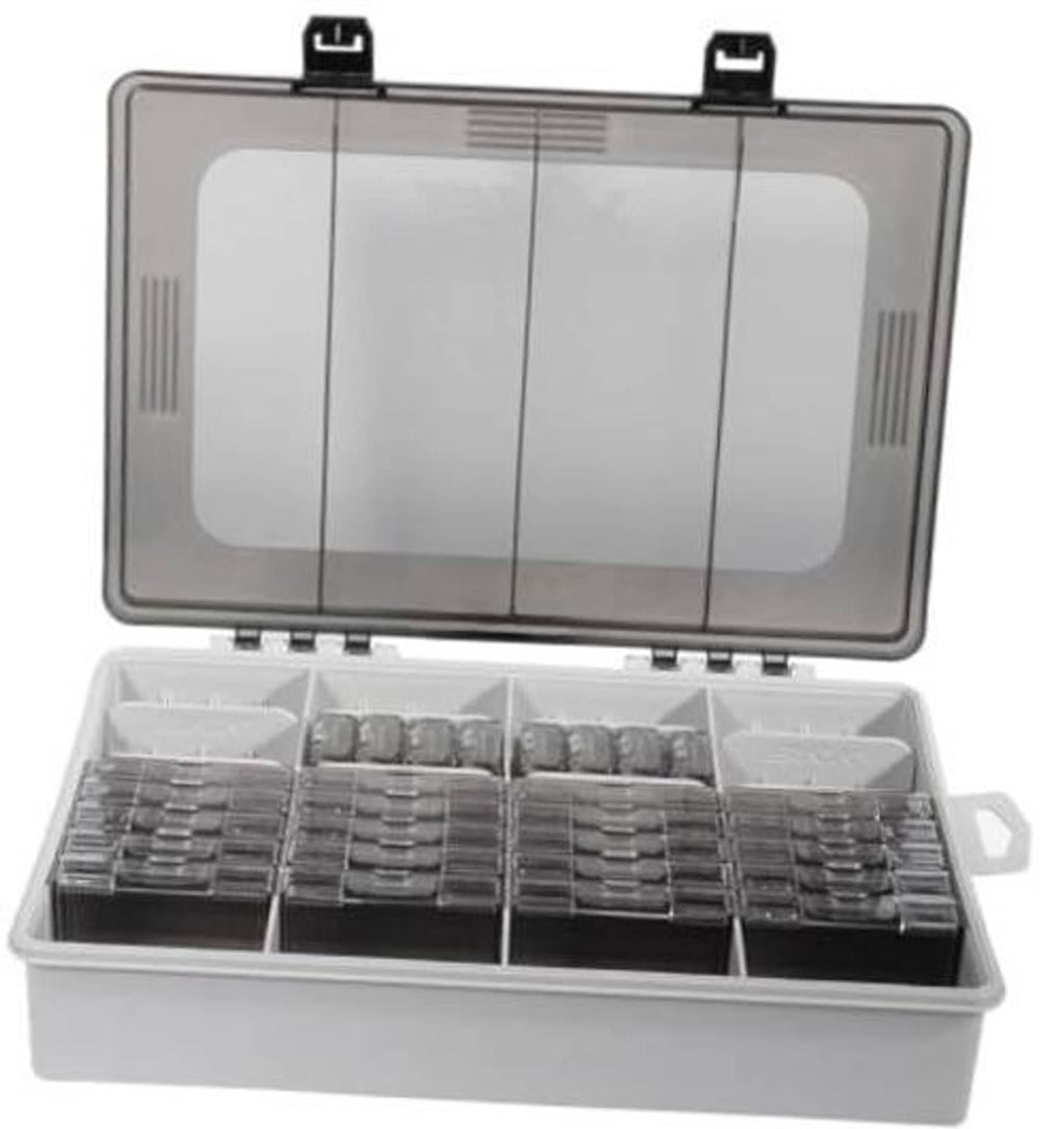 Clear-lid tackle storage case with divider compartments and multiple stacked metal boxes