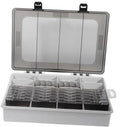 Clear-lid tackle storage case with divider compartments and multiple stacked metal boxes