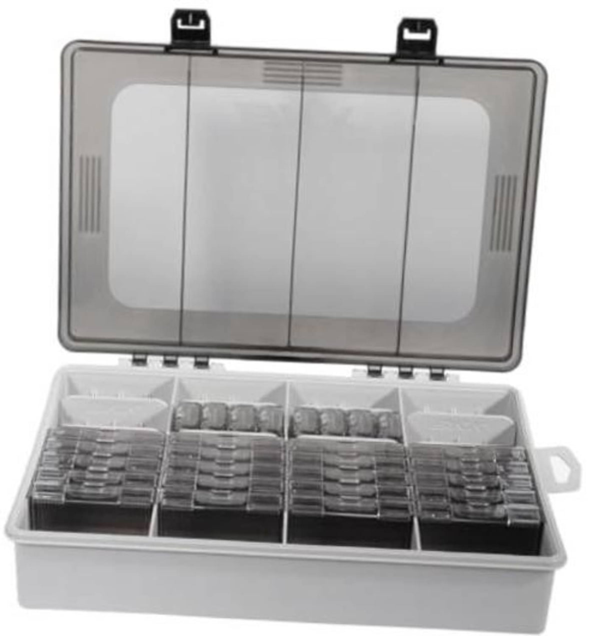 Clear-lid tackle storage case with divider compartments and multiple stacked metal boxes