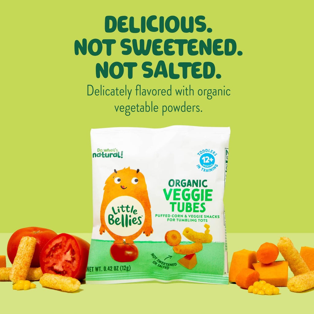 Organic veggie tubes pouch, delicious not sweetened message on package