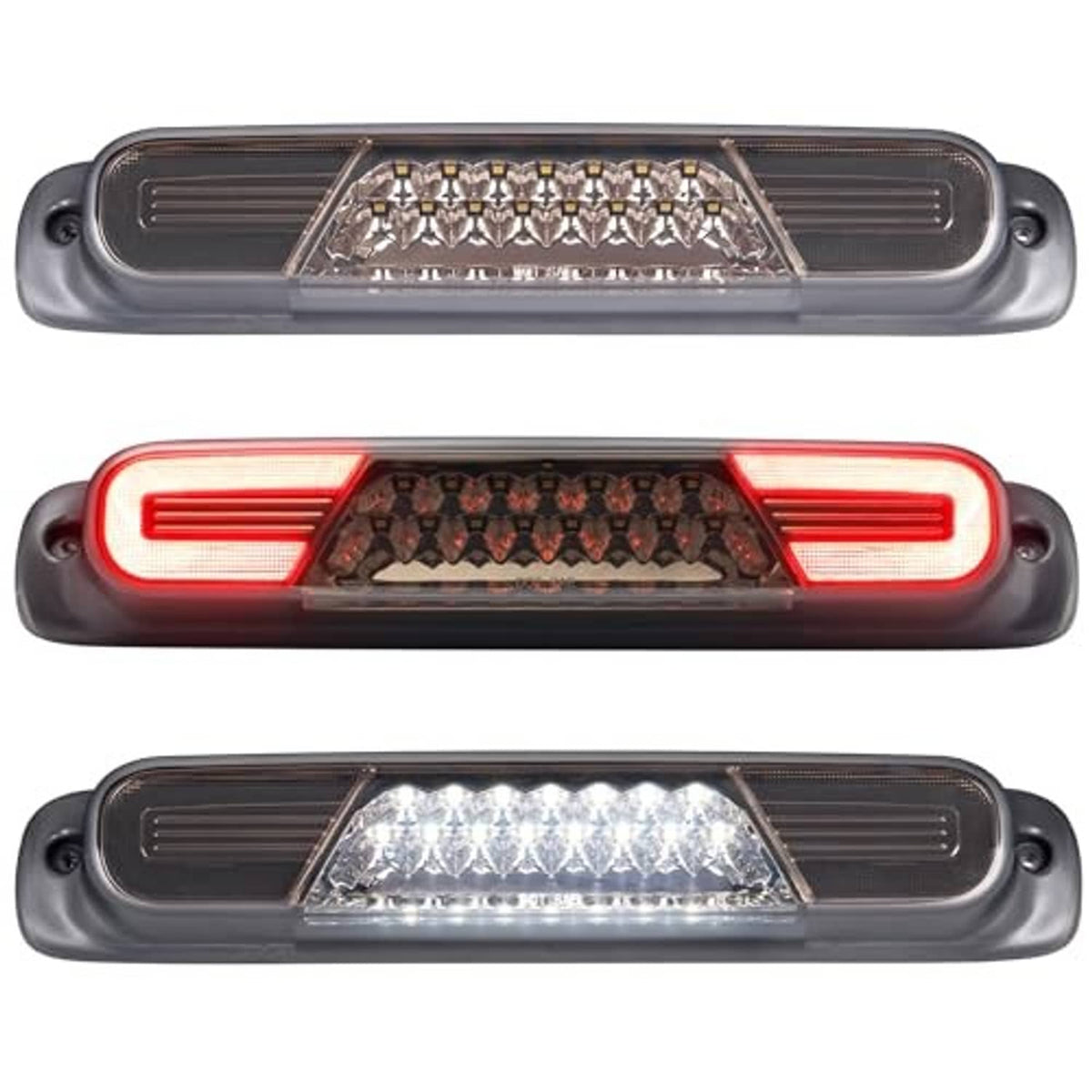Smoked-lens LED third brake light with clear reflector and multiple white LED dots.