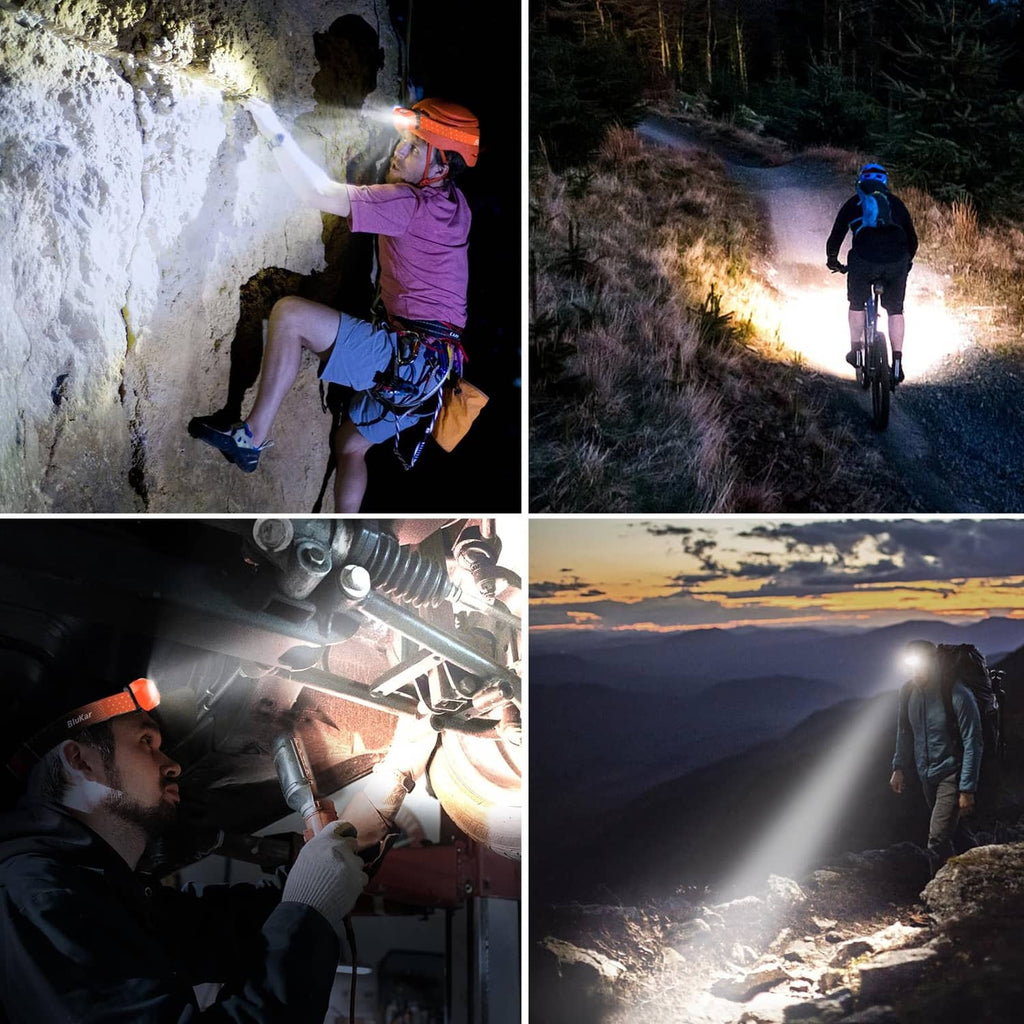 Orange LED headlamp on hikers and cyclist, bright beams in dark outdoor settings