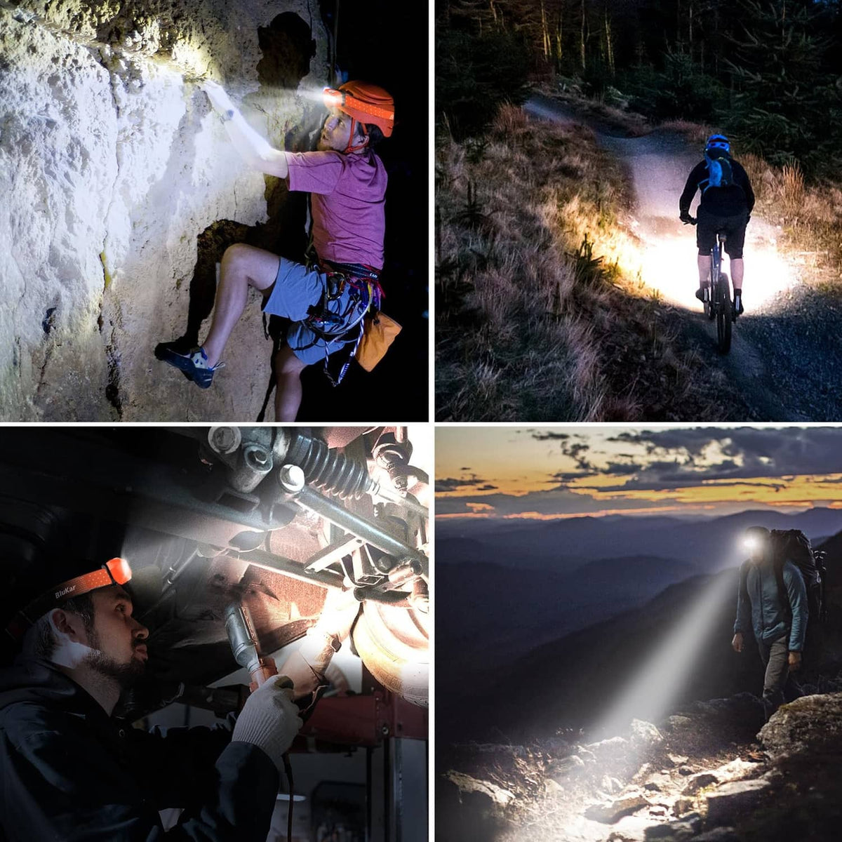 Orange LED headlamp on hikers and cyclist, bright beams in dark outdoor settings