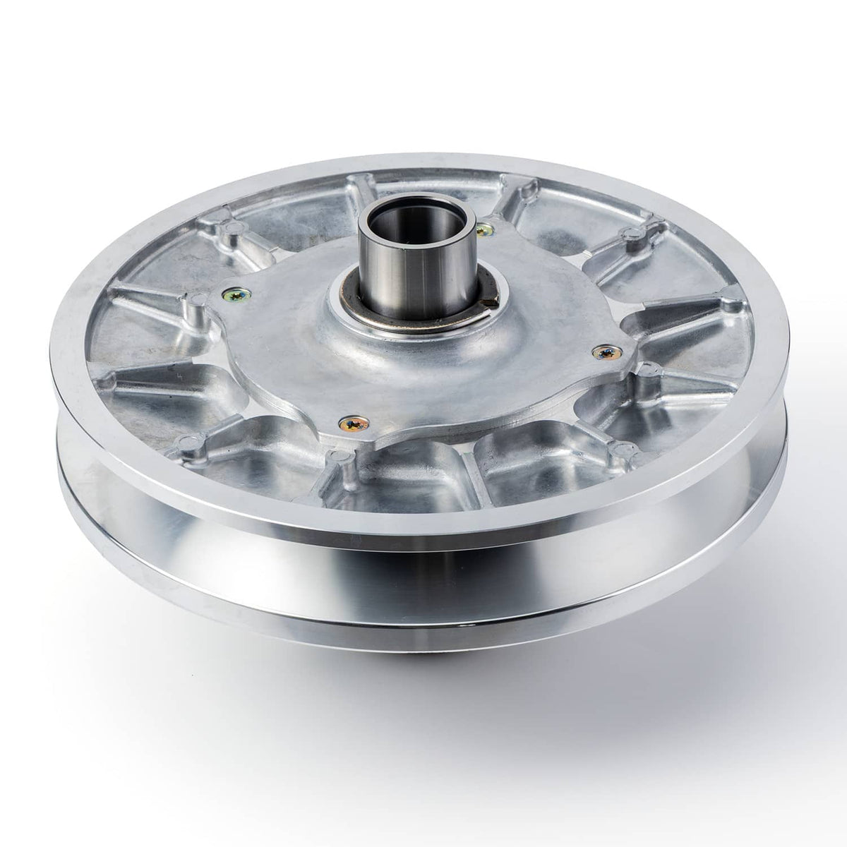 Metallic clutch disc with central hub and mounting points, silver steel finish