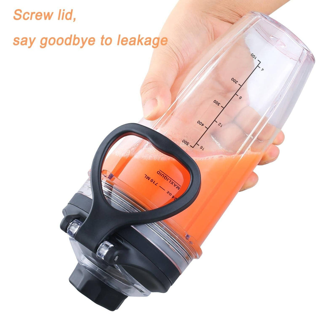 24 oz blender cup with black screw lid and handle, held upright with orange contents
