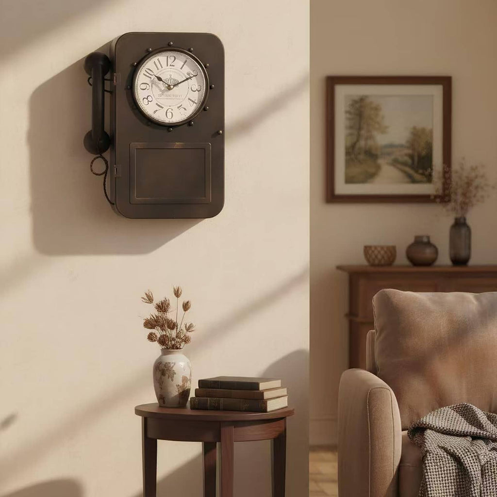 Dark brown vintage wall clock with round dial and rectangular hidden storage compartment