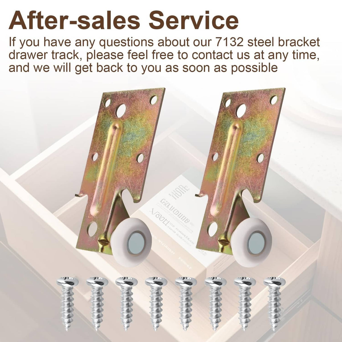 Steel drawer track roller bracket with plastic gray wheel and included screws