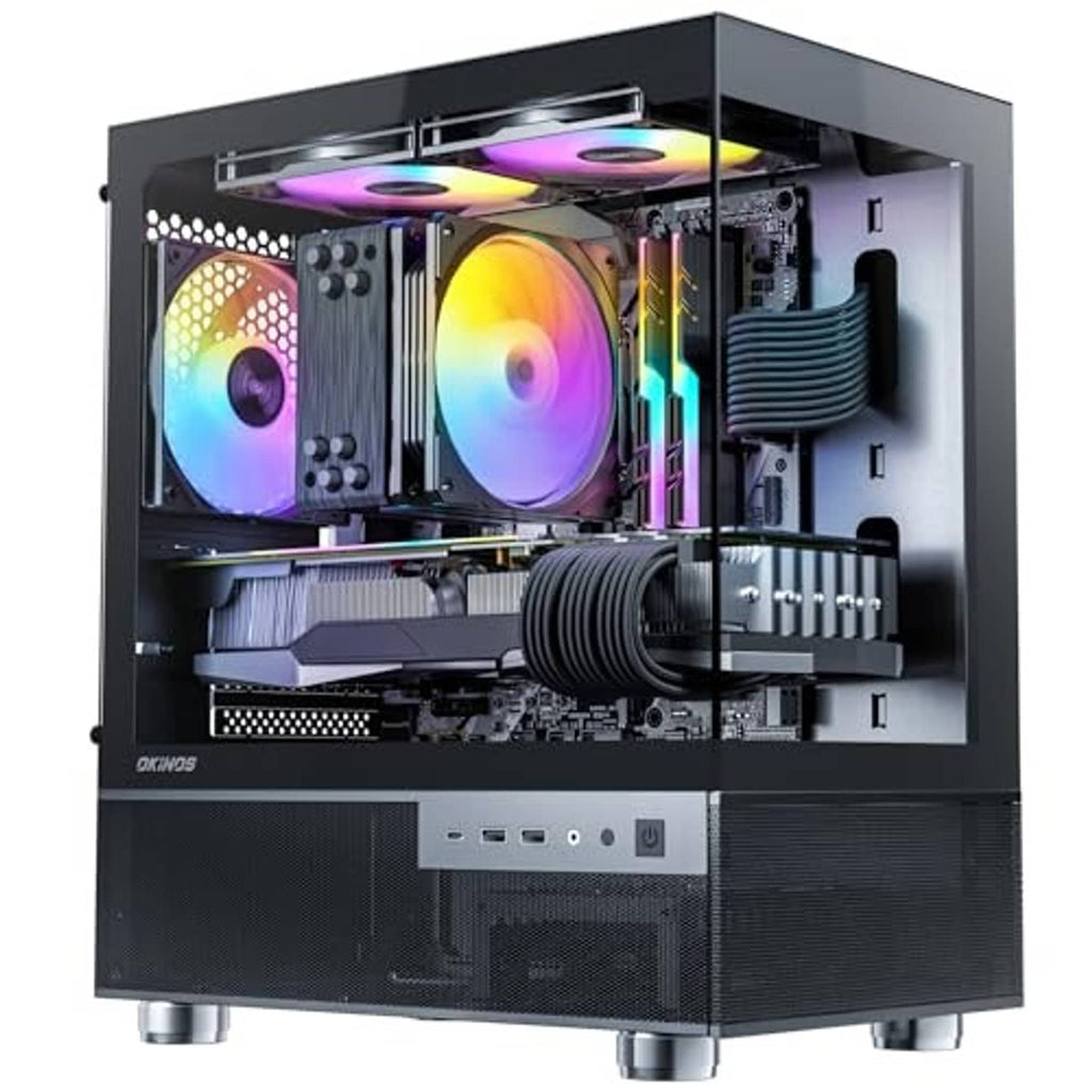 Black micro ATX PC case interior view with three RGB 120mm fans and GPU space
