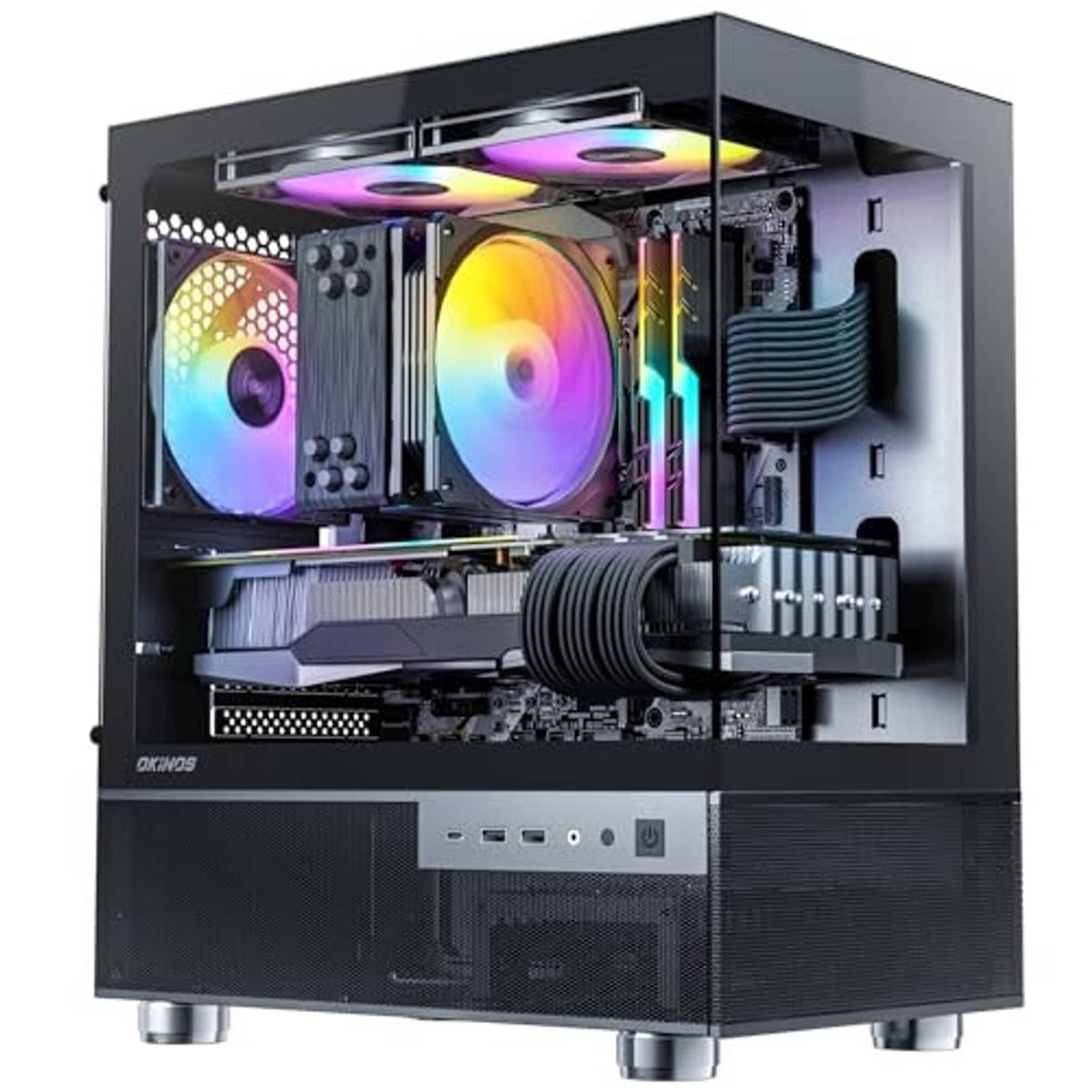 Black micro ATX PC case interior view with three RGB 120mm fans and GPU space