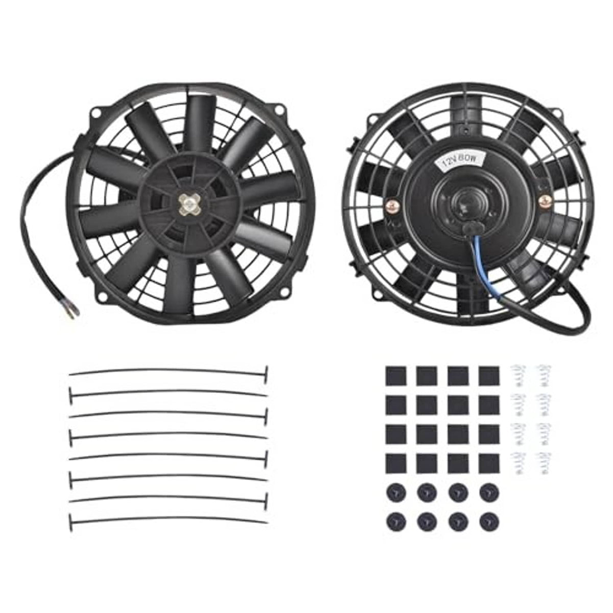 7-inch electric cooling fan kit, black push-pull fan and mounting hardware pieces