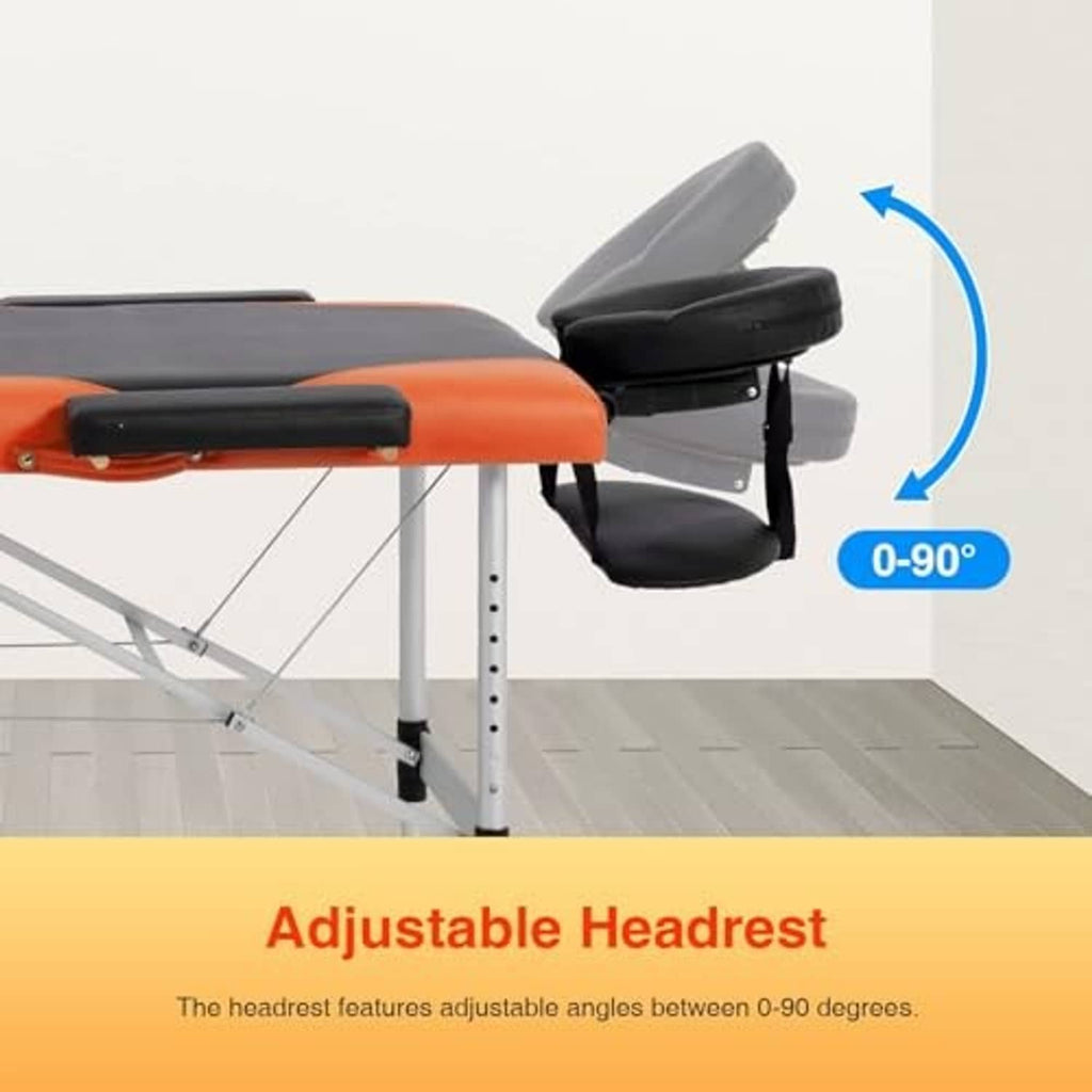 Orange and black adjustable massage table with padded headrest, arm support, and steel frame