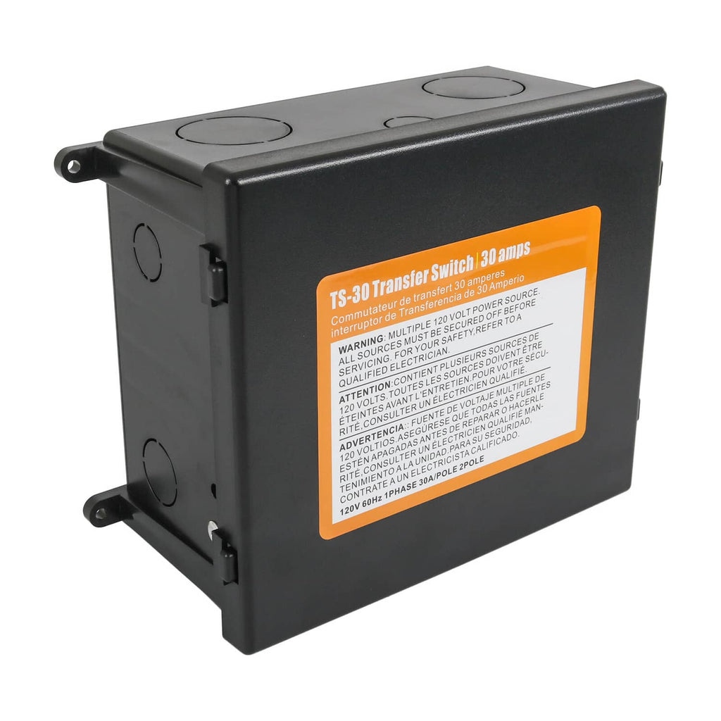 Automatic transfer switch enclosure with orange label and side mounting brackets