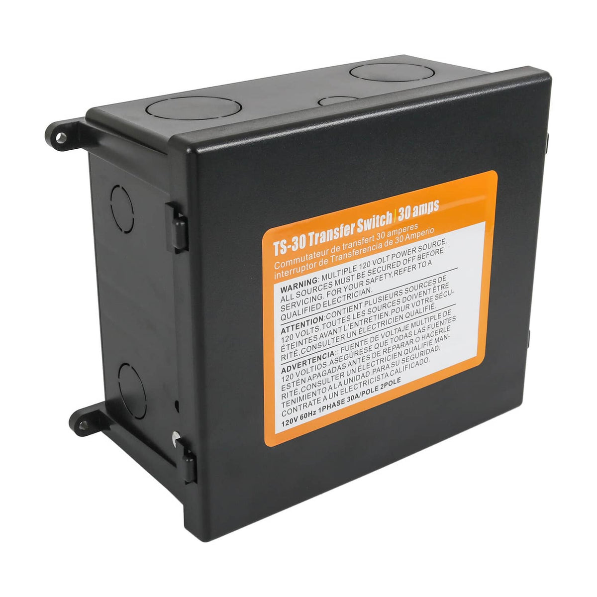 Automatic transfer switch enclosure with orange label and side mounting brackets