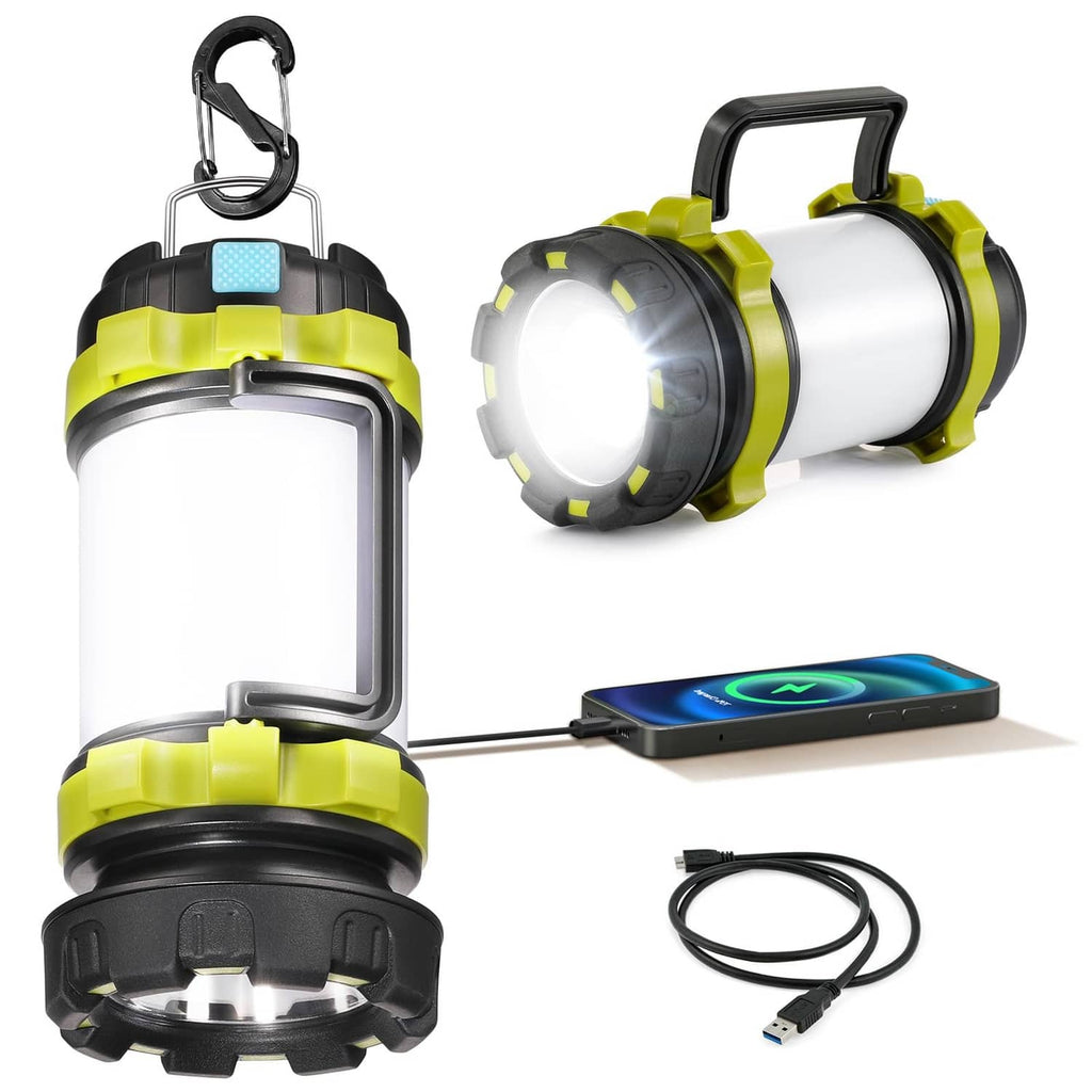 Rechargeable LED lantern flashlight, light green and black, front and side light heads