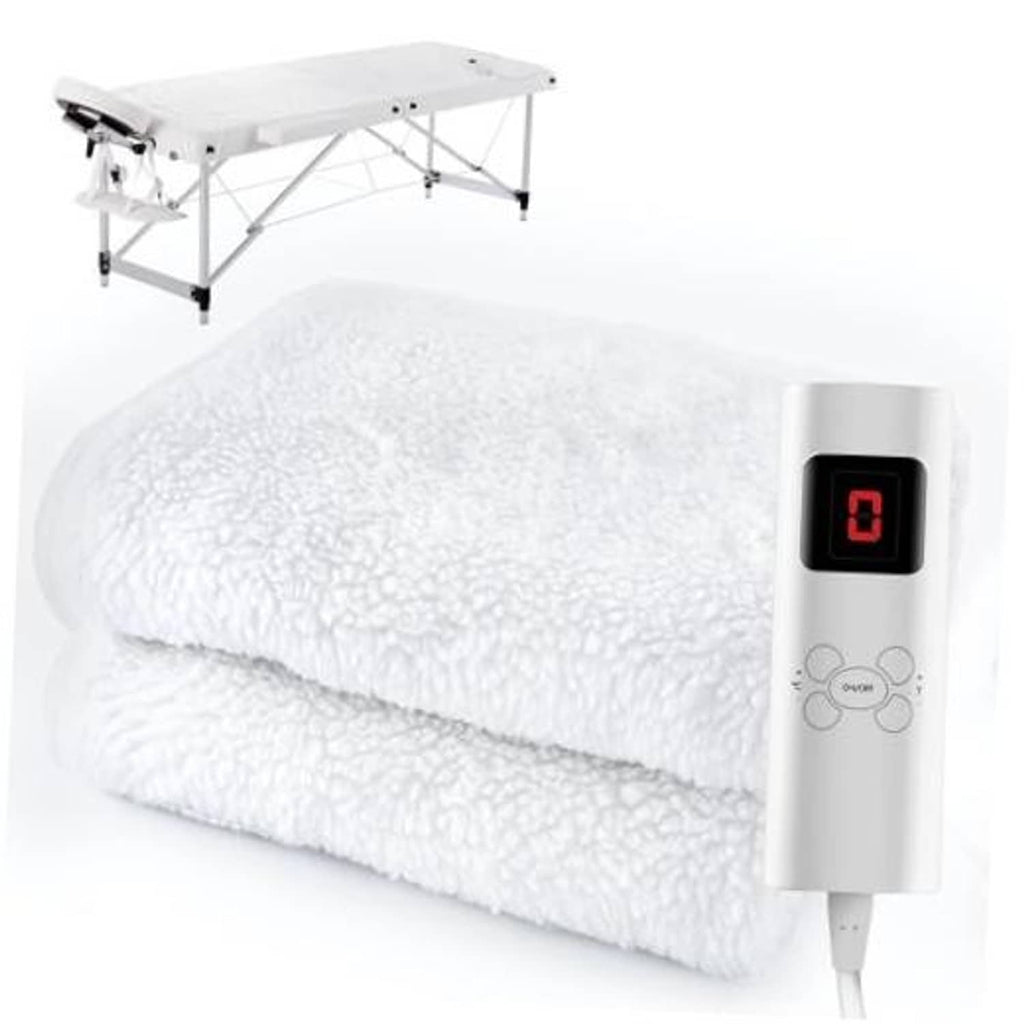 White heated massage table pad with attached control panel and LED temperature display.