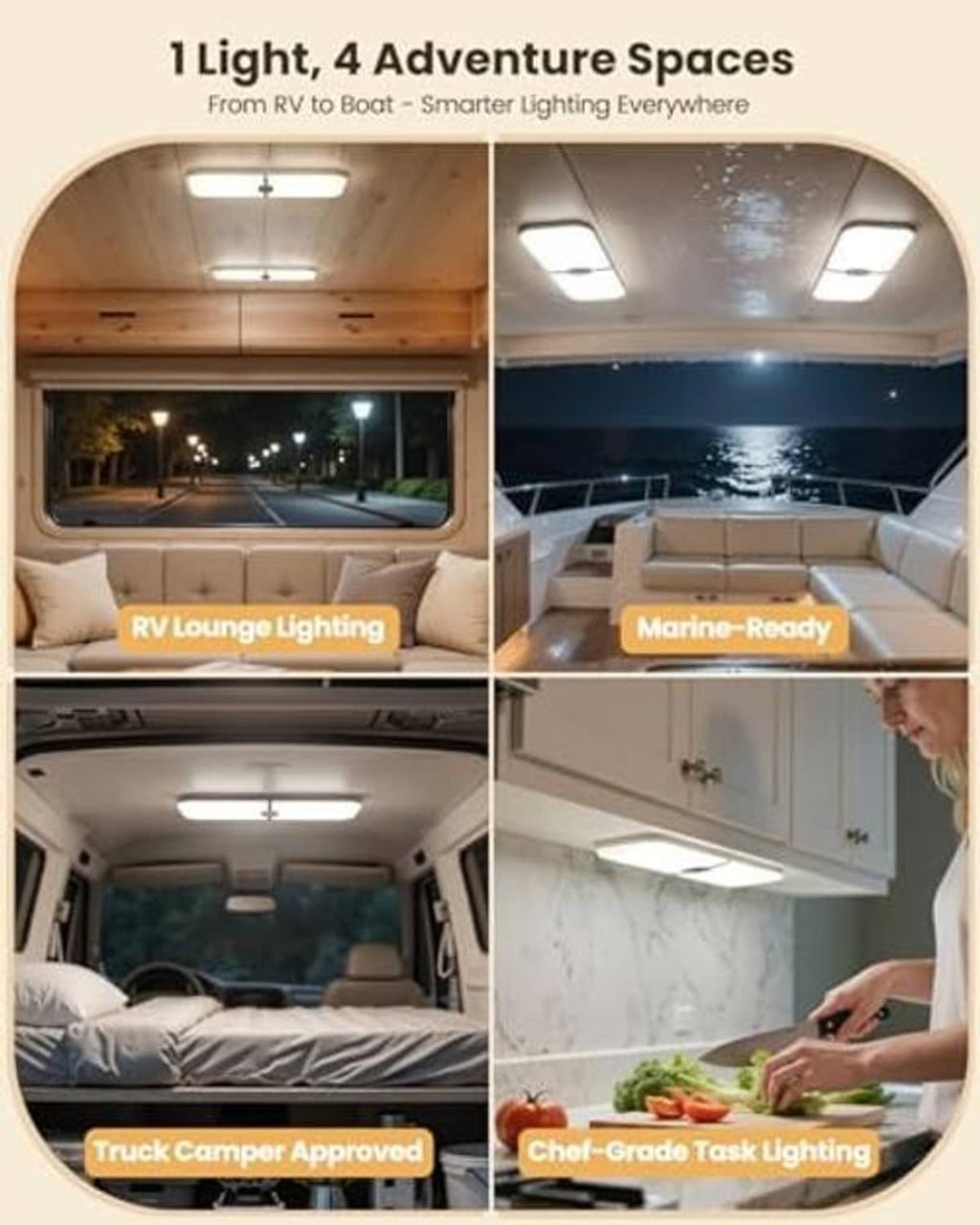 Overhead RV LED dome light shown in multiple settings for lounge, marine, truck camper use.