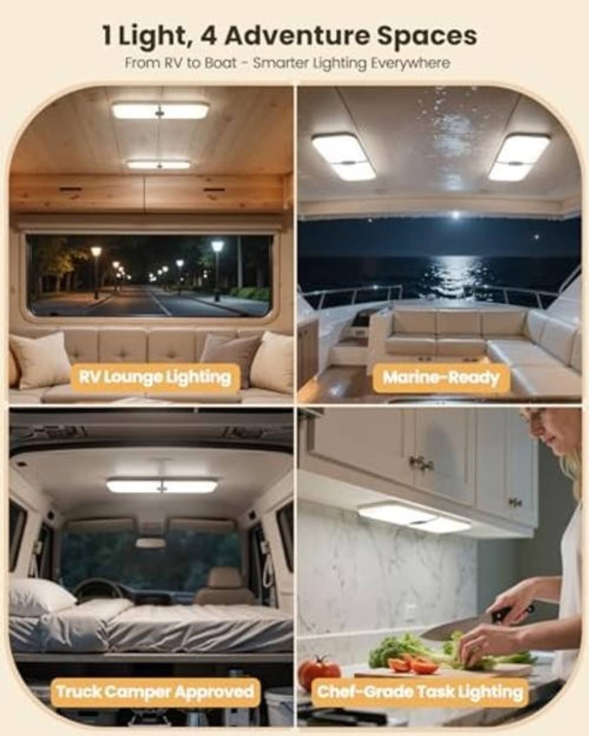 Overhead RV LED dome light shown in multiple settings for lounge, marine, truck camper use.